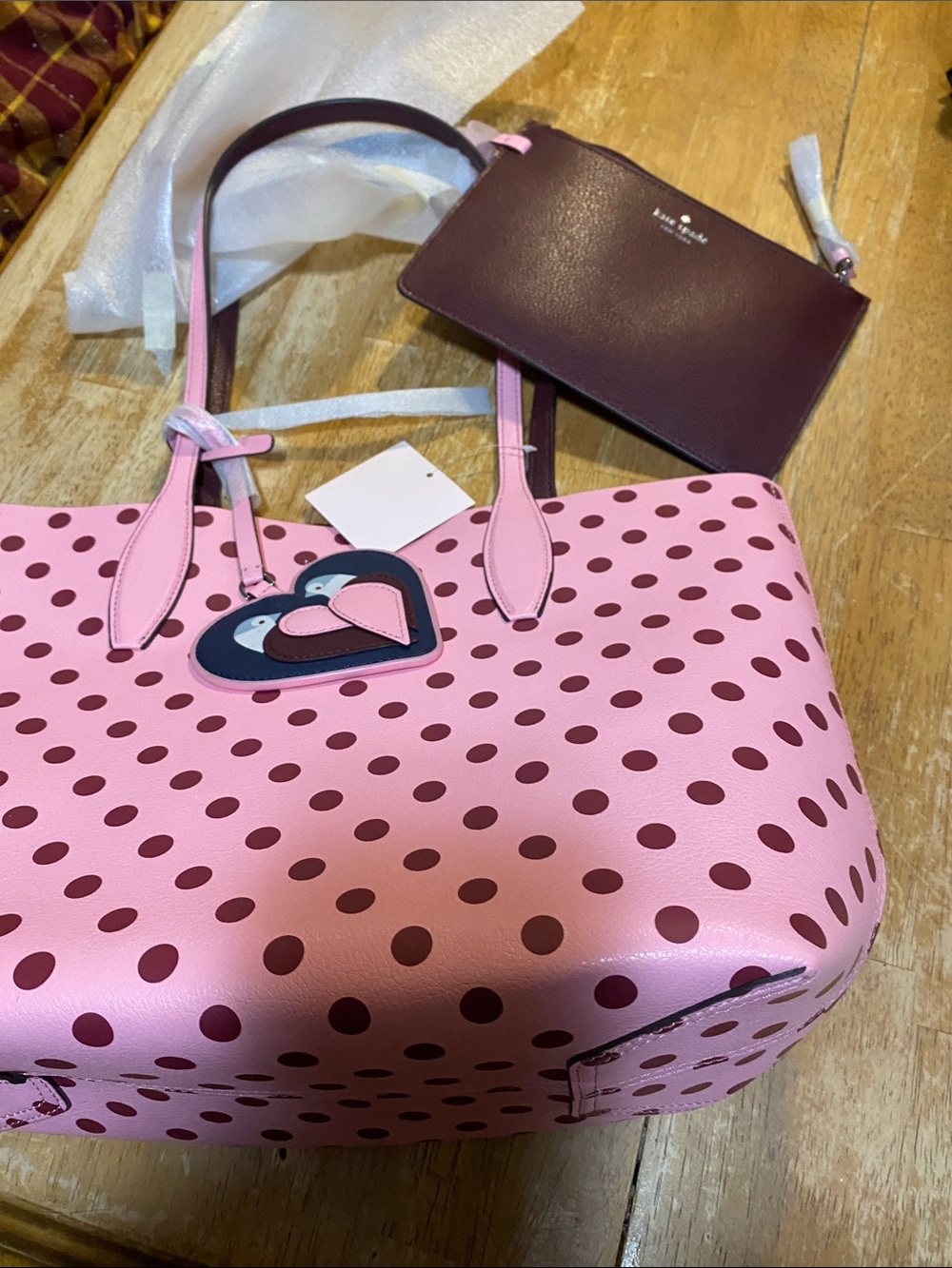Beautiful kate spade Pink Polka Dot Tote with Heart Charm and Matching Pouch